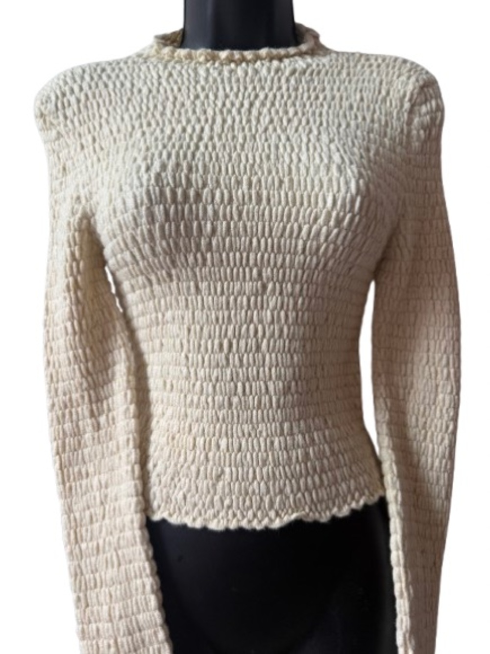 Mango Cream Scalloped Hem Crewneck Sweater